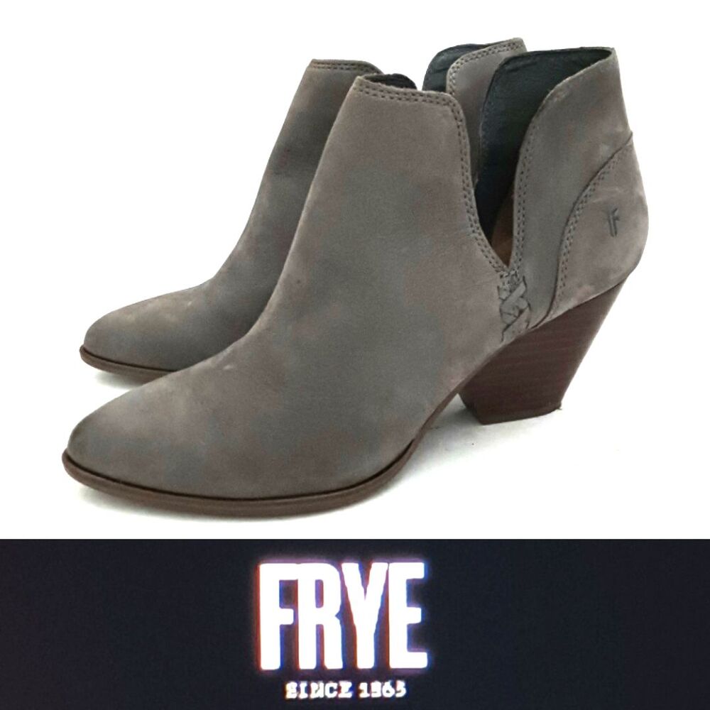 FRYE Reina Bootie Gray Suede Cut Out Sides Stacked Wood Heel 8.5M